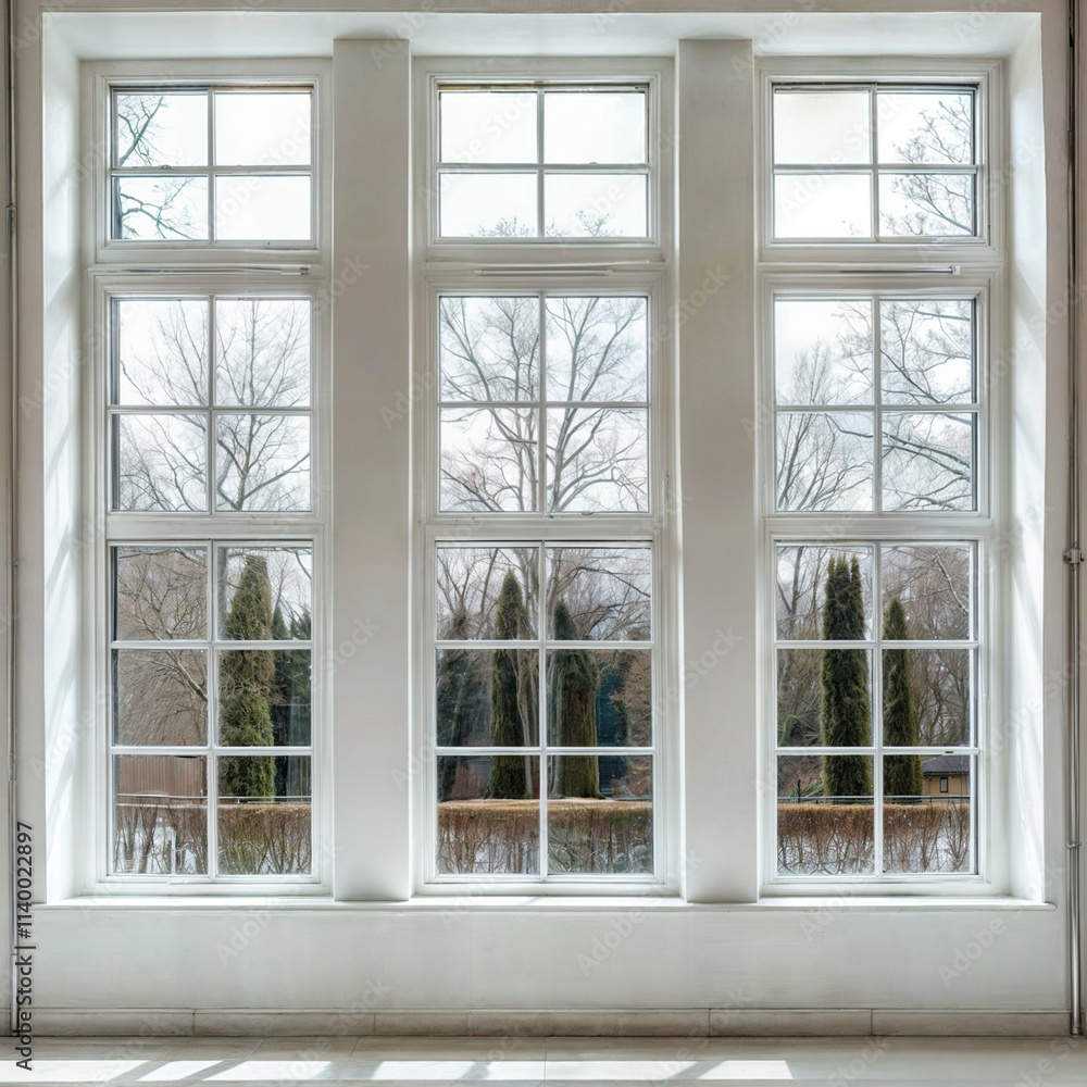view from the large panoramic window onto the street. tall large window in a white frame view from the large panoramic window onto the street. tall large window in a white frame