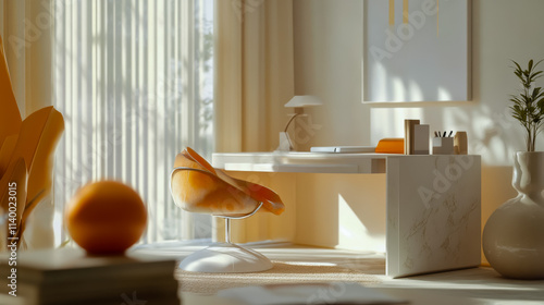 Realistic grunge luxe white office with soft orange, taupe, and white accessories, featuring a stylish desk. photo