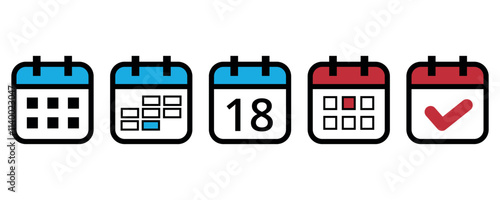 Collection of flat calendar icons in different formats and colors for websites and graphic resources, calendar icon with specific day marked on day 18.