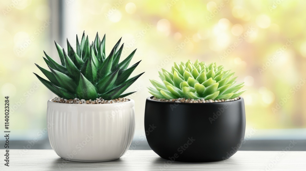 Cactus in black pot and succulent in white pot with blurred natural background showcasing indoor plant arrangement and decor. Cactus in black pot and succulent in white pot with blurred natural background showcasing indoor plant arrangement and decor.