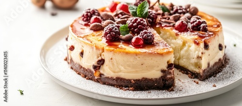 Delicious cheesecake with mixed berries and chocolate chips served on a plate with fresh mint and powdered sugar on a white background photo