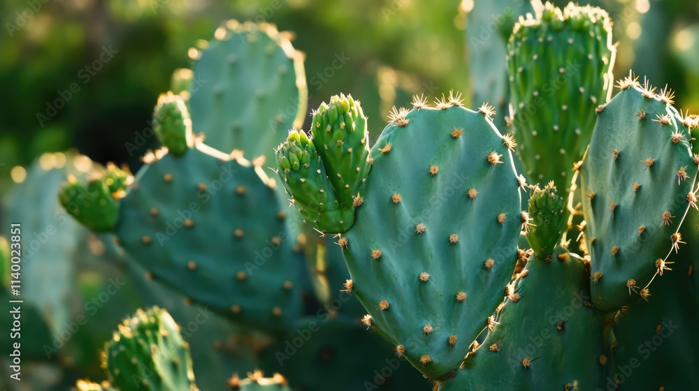 Detailed Close-up of Prickly Pear Cactus Leaves with Sunlit Background and Fresh New Growth Detailed Close-up of Prickly Pear Cactus Leaves with Sunlit Background and Fresh New Growth