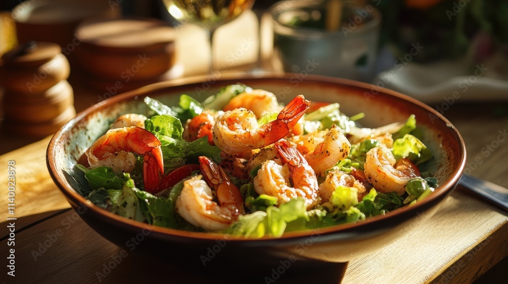 Fresh Shrimp Caesar Salad in Bright Natural Light Setting Evoking a Rustic Dining Experience Fresh Shrimp Caesar Salad in Bright Natural Light Setting Evoking a Rustic Dining Experience