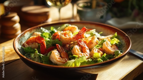 Fresh Shrimp Caesar Salad in Bright Natural Light Setting Evoking a Rustic Dining Experience