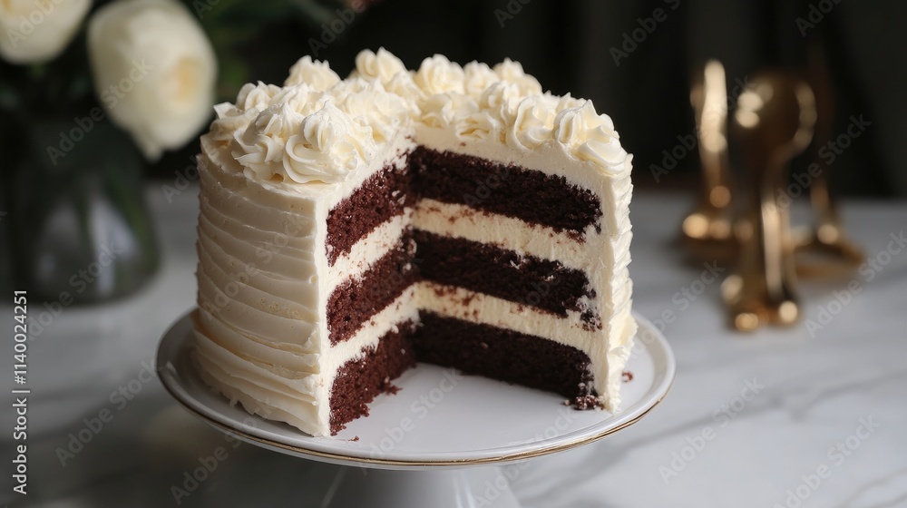 Chocolate layer cake with creamy frosting and elegant decorations on a marble countertop Chocolate layer cake with creamy frosting and elegant decorations on a marble countertop