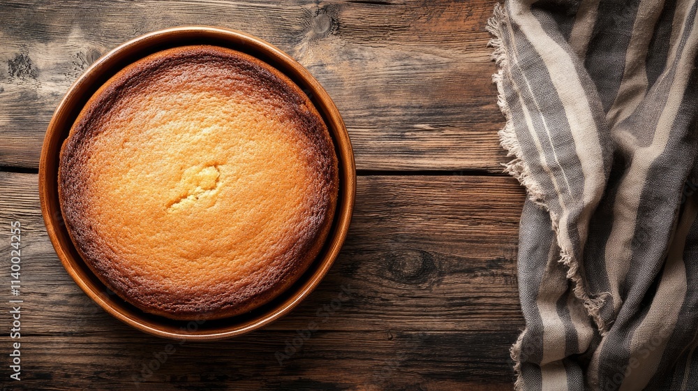 Freshly baked golden cake in a rustic dish on textured wooden table with a decorative linen cloth on the side. Freshly baked golden cake in a rustic dish on textured wooden table with a decorative linen cloth on the side.