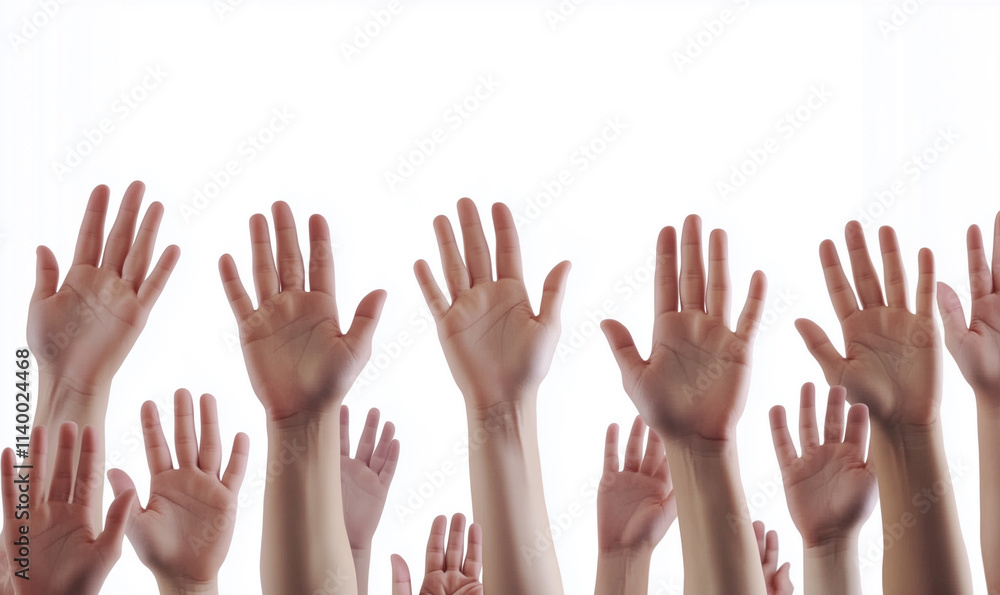 A group of hands raised high against a bright white background image view A group of hands raised high against a bright white background image view