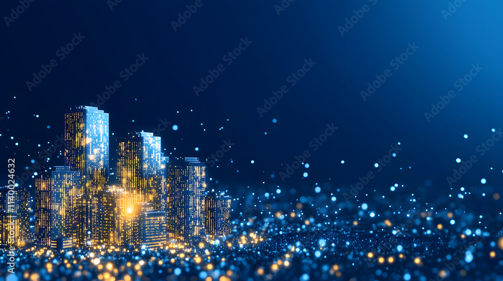 Obraz premium A vibrant city skyline illuminated with glowing lights against a dark blue background, representing modernity and technology