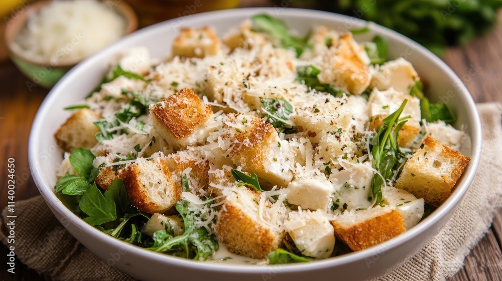 Creamy Caesar salad topped with parmesan cheese and crunchy croutons served in a white bowl on a rustic wooden table Creamy Caesar salad topped with parmesan cheese and crunchy croutons served in a white bowl on a rustic wooden table