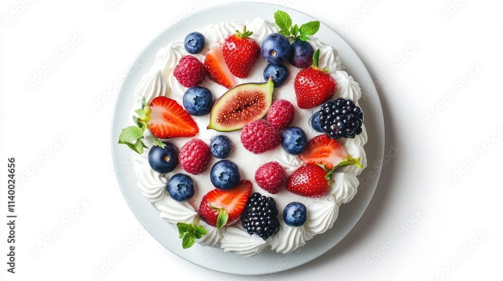 Fresh cream cake topped with strawberries blueberries figs and raspberries on a white plate isolated from above on a bright background Fresh cream cake topped with strawberries blueberries figs and raspberries on a white plate isolated from above on a bright background