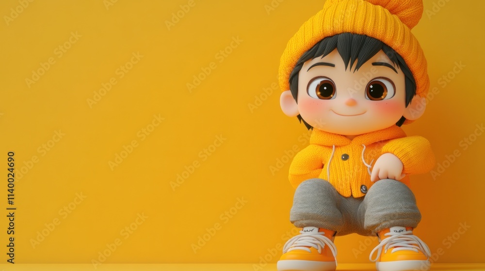 A cheerful cartoon character in a yellow beanie and sweater, sitting against a bright background. A cheerful cartoon character in a yellow beanie and sweater, sitting against a bright background.