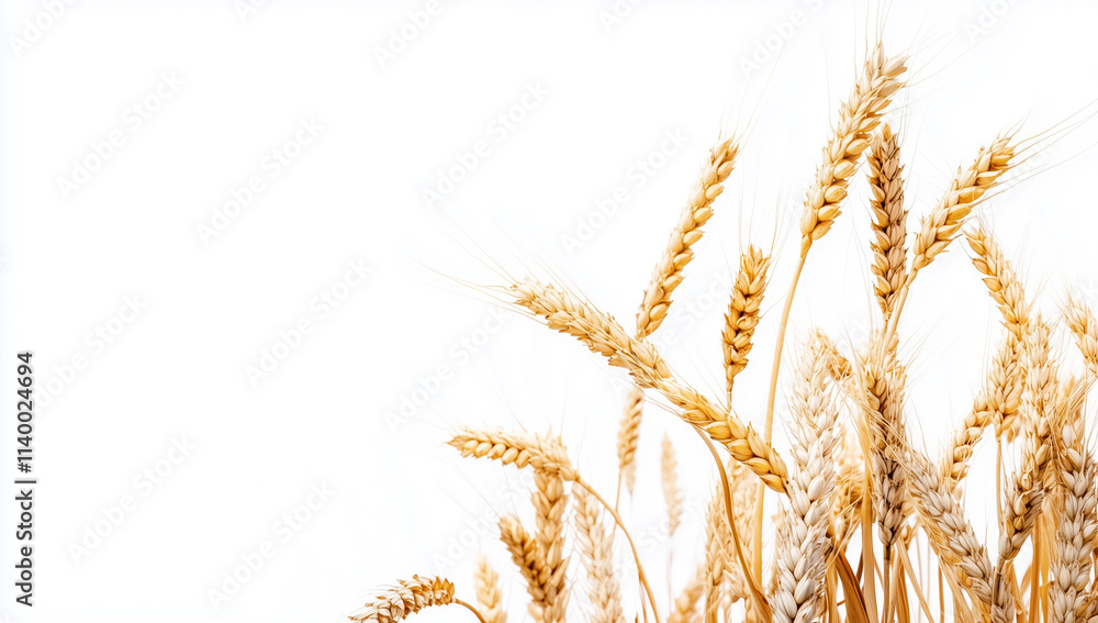 Fototapeta premium Golden wheat stalks against a bright white background in a corner view