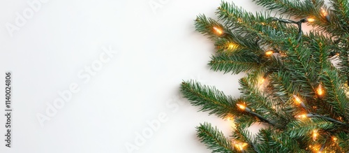 Fir branch decorated with sparkling Christmas lights on a clean white background creating a festive and cheerful holiday atmosphere