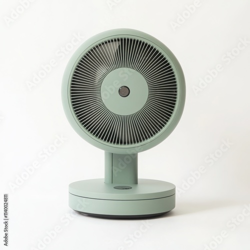 A portable table fan with a round base and adjustable head on a white background  photo