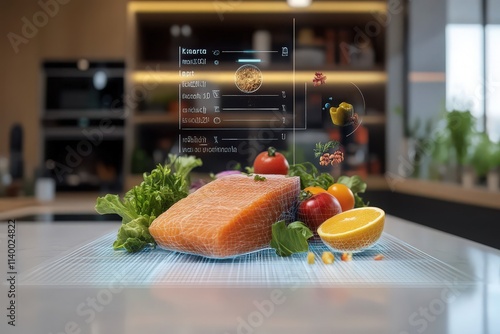 Digital-inspired fish steak showcasing vibrant holograms with detailed nutrient information. photo