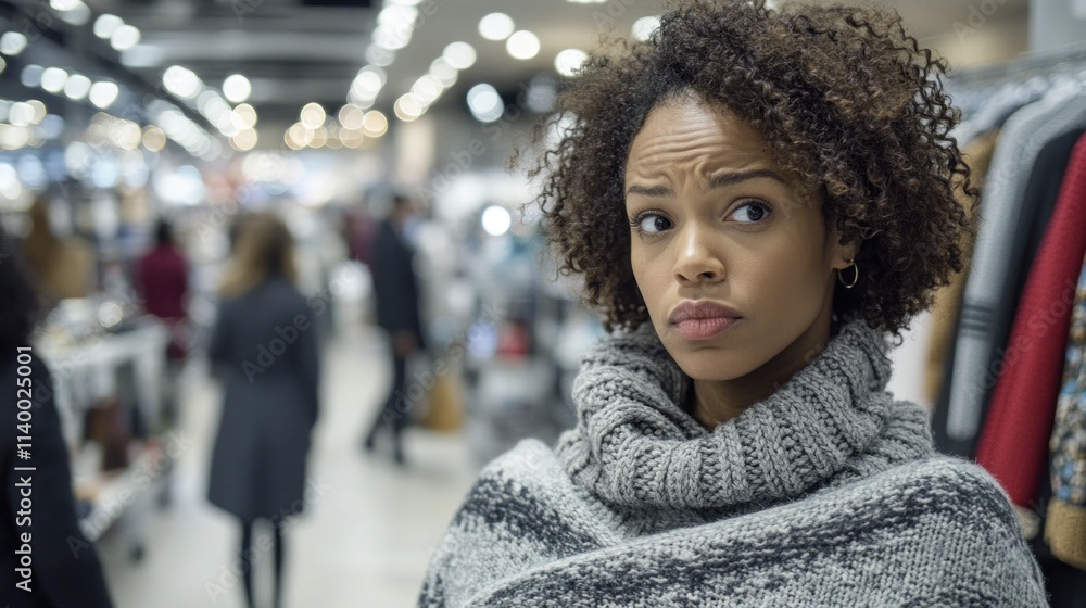 A woman looks thoughtfully in a busy retail store, surrounded by shoppers and clothing displays. A woman looks thoughtfully in a busy retail store, surrounded by shoppers and clothing displays.