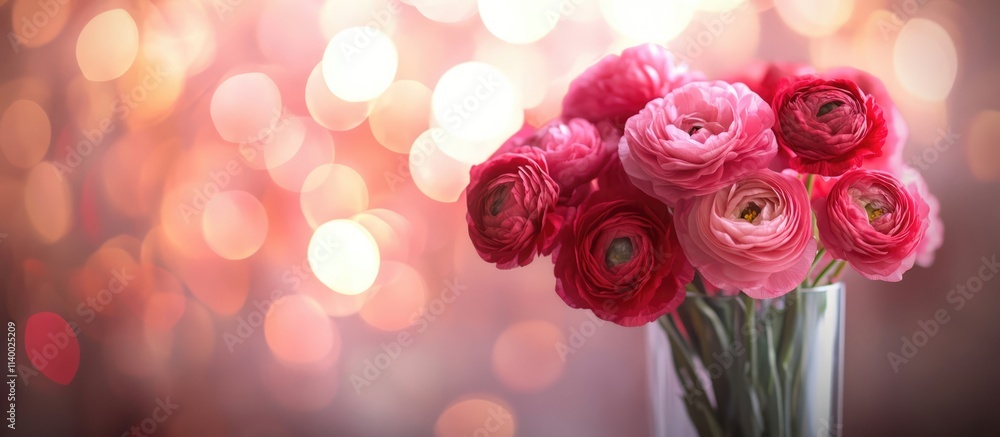 Crimson pink ranunculus flowers in a glass vase with a soft bokeh background creating an elegant floral display for home decor or promotions Crimson pink ranunculus flowers in a glass vase with a soft bokeh background creating an elegant floral display for home decor or promotions