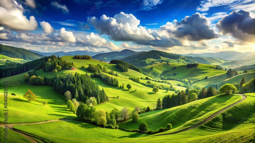 Green Hills Meadows Under Blue Sky White Clouds Panorama. AI generative
Green Hills Meadows Under Blue Sky White Clouds Panorama. AI generative