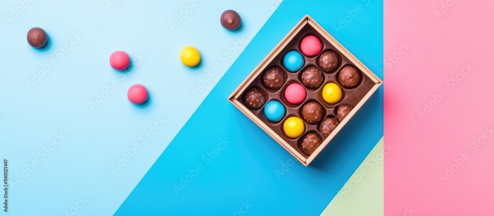 Box of assorted chocolate candies on a vibrant pastel background ideal for seasonal promotions and sweet treat displays Box of assorted chocolate candies on a vibrant pastel background ideal for seasonal promotions and sweet treat displays