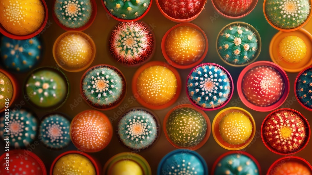 Colorful cactus variants in pots arranged in rows with soft focus background ideal for gardening and nature-themed decor or design projects. Colorful cactus variants in pots arranged in rows with soft focus background ideal for gardening and nature-themed decor or design projects.