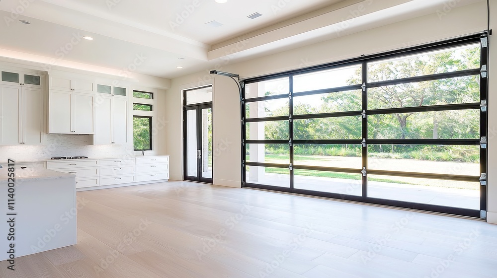 Expansive glass panels inviting abundant sunlight into a spacious garage, creating a bright and inviting atmosphere for work or leisure activities Expansive glass panels inviting abundant sunlight into a spacious garage, creating a bright and inviting atmosphere for work or leisure activities