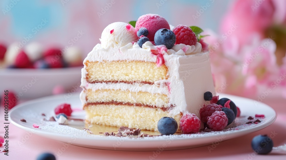 Delicious slice of layered cake topped with fresh berries and ice cream on a pastel background for dessert and celebration themes. Delicious slice of layered cake topped with fresh berries and ice cream on a pastel background for dessert and celebration themes.