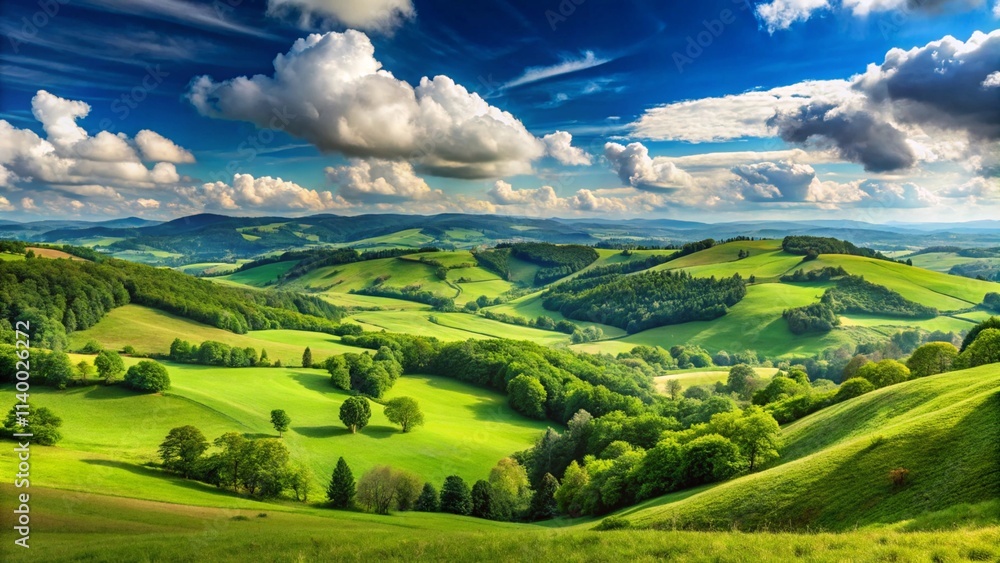 Fototapeta premium Green Hills Meadows Under Blue Sky White Clouds Panorama. AI generative 