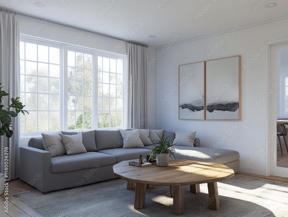 Fototapeta premium Modern Living Room with Sectional Sofa and Wooden Coffee Table