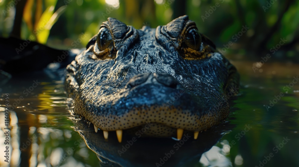 Obraz premium Close-up of Caiman with intense gaze in muddy waters of Pantanal showcasing wildlife and natural habitat vibrance