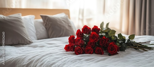Fototapeta Naklejka Na Ścianę i Meble -  Romantic bouquet of red roses on an elegantly arranged bed creating an intimate atmosphere for a loving getaway