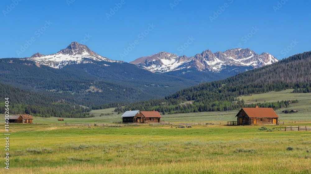 Scenic view of rustic cabins against a backdrop of mountains and clear blue sky. Scenic view of rustic cabins against a backdrop of mountains and clear blue sky.