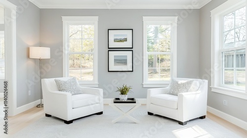 Wallpaper Mural Elegant light grey walls complemented by crisp white trim, creating a sophisticated and modern aesthetic, perfect for enhancing any interior space with understated charm. Torontodigital.ca