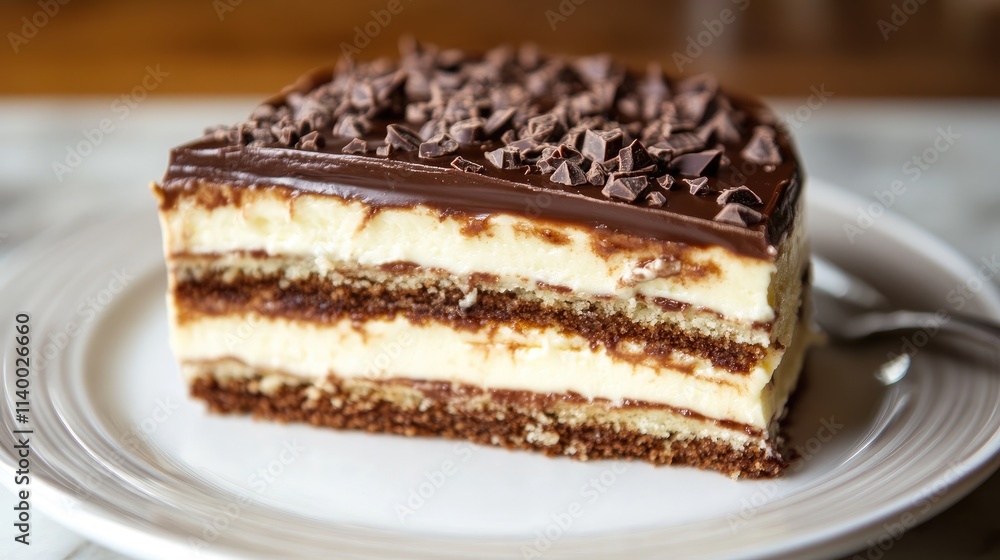 Decadent Layered Cake with Dark and White Chocolate Garnish on a Plate Decadent Layered Cake with Dark and White Chocolate Garnish on a Plate