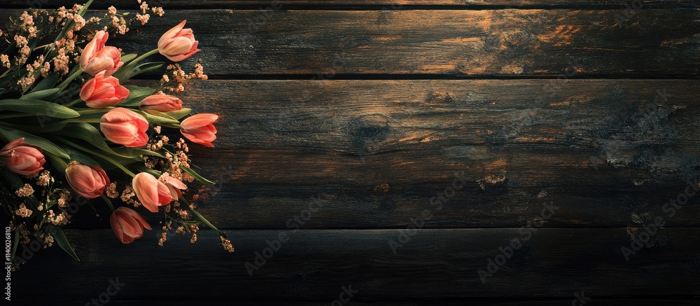 Bunch of tulip flowers on dark barn wood planks with blank space for text and lettering template background design Bunch of tulip flowers on dark barn wood planks with blank space for text and lettering template background design