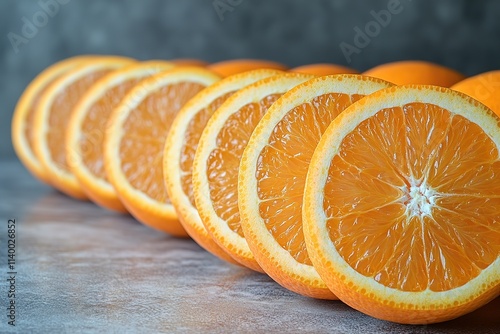 A row of oranges with one cut in half photo