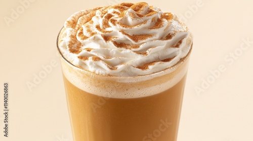 Fototapeta Naklejka Na Ścianę i Meble -  A warm pumpkin spice latte with whipped cream and cinnamon or nutmeg is a tasty fall treat. The latte is a popular drink in October, when pumpkins are in season.