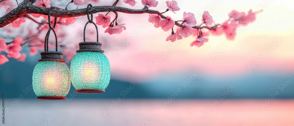 Fototapeta premium Tranquil Evening Cherry Blossoms Lanterns Peaceful Sunset