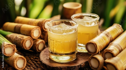 Cachaca in glasses with sugarcane sticks surrounded by fresh greenery showcasing traditional Brazilian drink and cocktail preparation photo