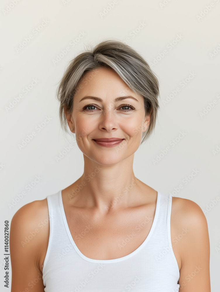 Portrait of elder woman healthy skin concept wear tank top on white background Portrait of elder woman healthy skin concept wear tank top on white background