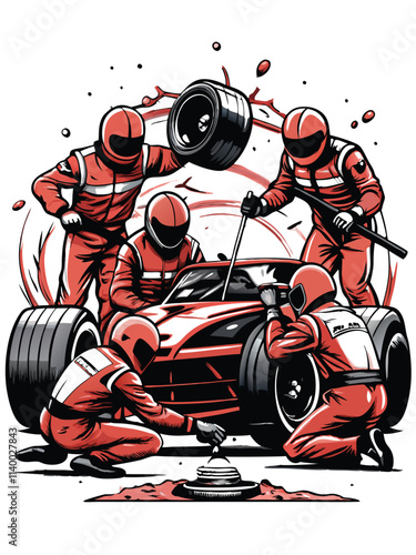 High-octane pit crew scene  Race car, blurred motion, rapid tire change, intense focus, sweat, teamwork.