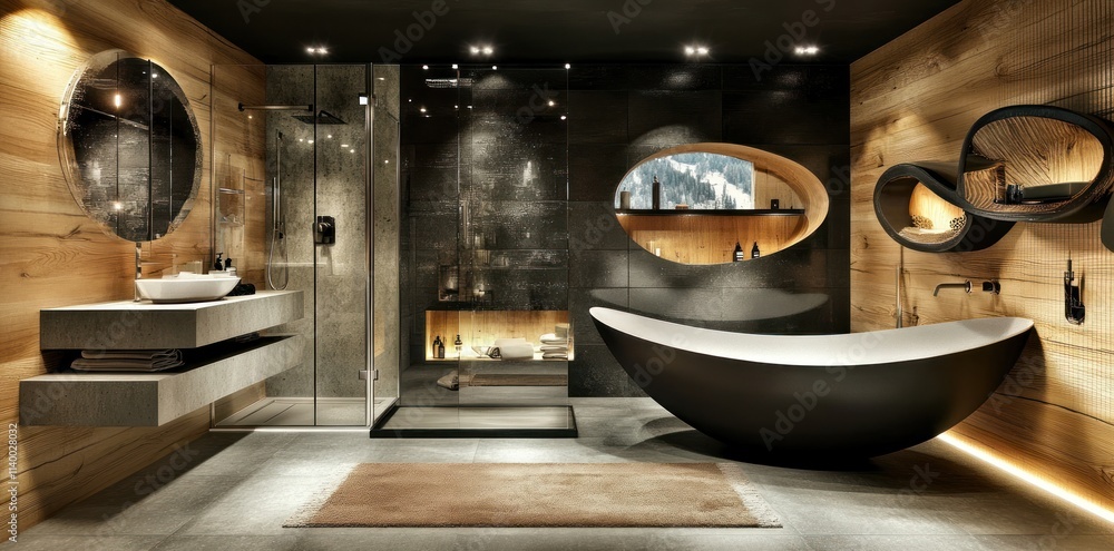 Modern bathroom design featuring a freestanding tub, sleek fixtures, and wooden accents. Modern bathroom design featuring a freestanding tub, sleek fixtures, and wooden accents.