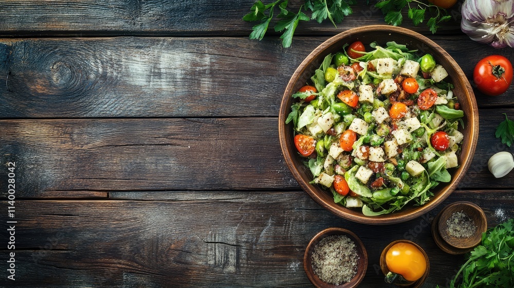 Fresh Caesar salad with cherry tomatoes, croutons, and greens in a rustic wooden bowl on a dark wooden table healthy food concept Fresh Caesar salad with cherry tomatoes, croutons, and greens in a rustic wooden bowl on a dark wooden table healthy food concept