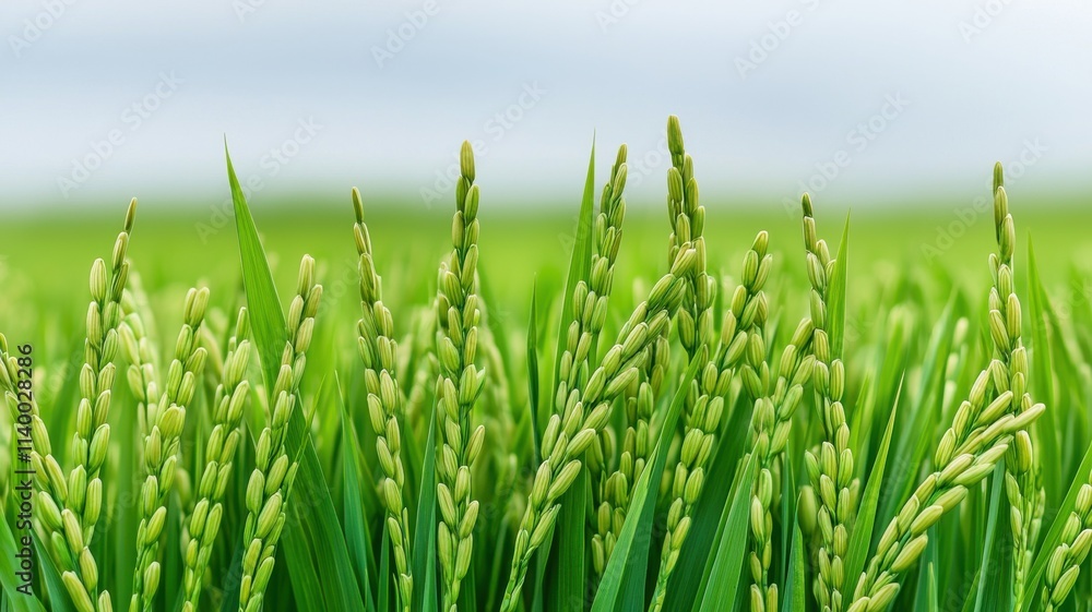 Obraz premium Lush green rice plants thrive under a clear sky, showcasing vibrant grains ready for harvest.