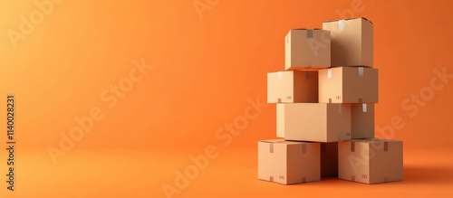 Stacked cardboard boxes on a vibrant orange background ideal for packaging logistics and storage concepts in advertising and marketing materials photo