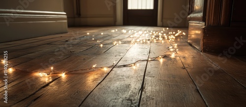 Christmas lights garland beautifully draped on vintage wooden flooring creating a warm and inviting holiday atmosphere