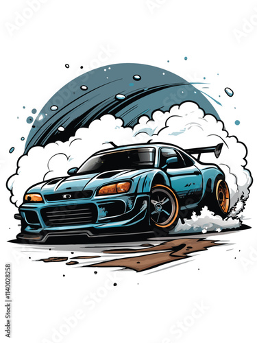 A vibrant race car expertly drifting around a sharp corner, leaving a dramatic trail of tire smoke. High-speed action shot.