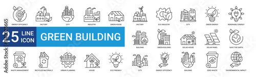 Green building icon collection set with efficiency, factory, renewable, solar house, solar panel