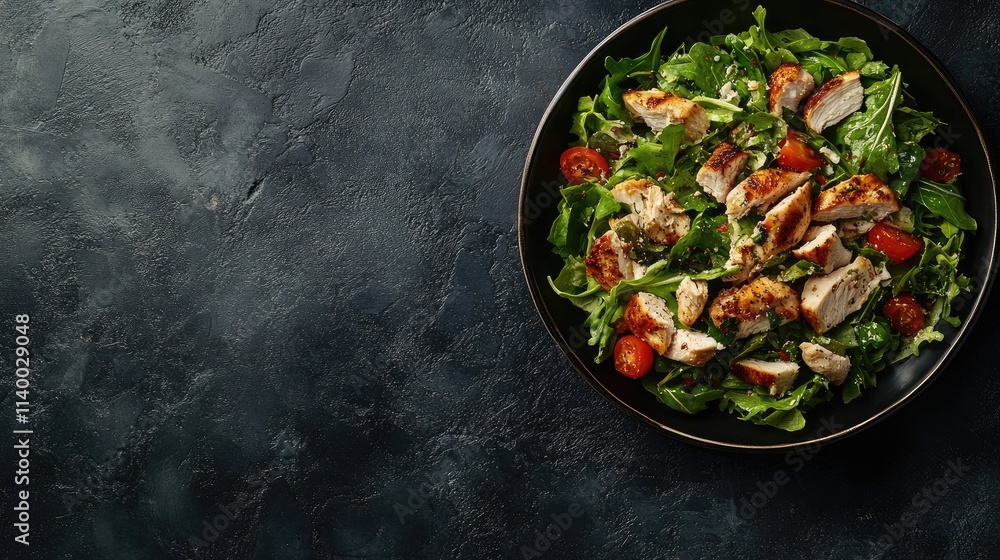 Fresh Caesar salad with grilled chicken and cherry tomatoes served in a dark bowl on a textured background with ample copy space. Fresh Caesar salad with grilled chicken and cherry tomatoes served in a dark bowl on a textured background with ample copy space.