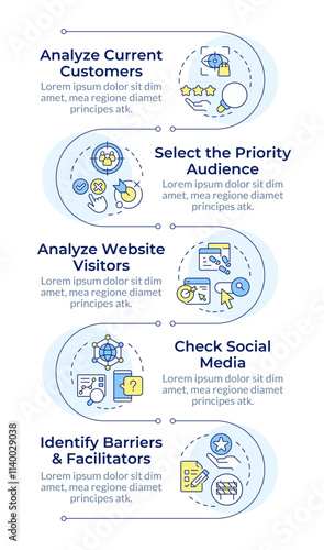 Steps to perform audience analysis infographic vertical sequence. Customers behavior research. Visualization infochart with 5 steps. Circles workflow. Montserrat SemiBold, Lato Regular fonts used