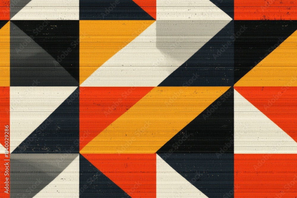 Fototapeta premium A vibrant geometric pattern featuring triangles in red, black, yellow, and white, creating a dynamic visual texture.